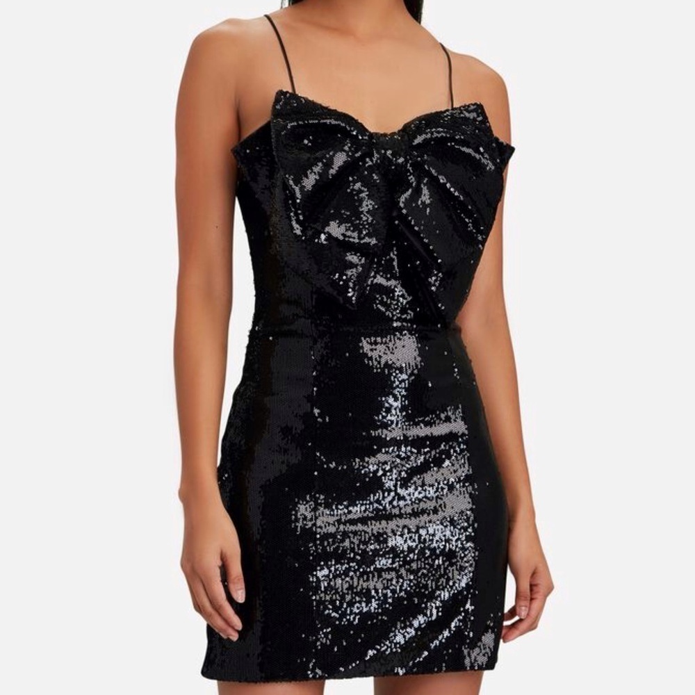 Ronny Kobo Hazel Black Sequin Silk Bow Slip Sleeveless Strapless Mini Dress NWT